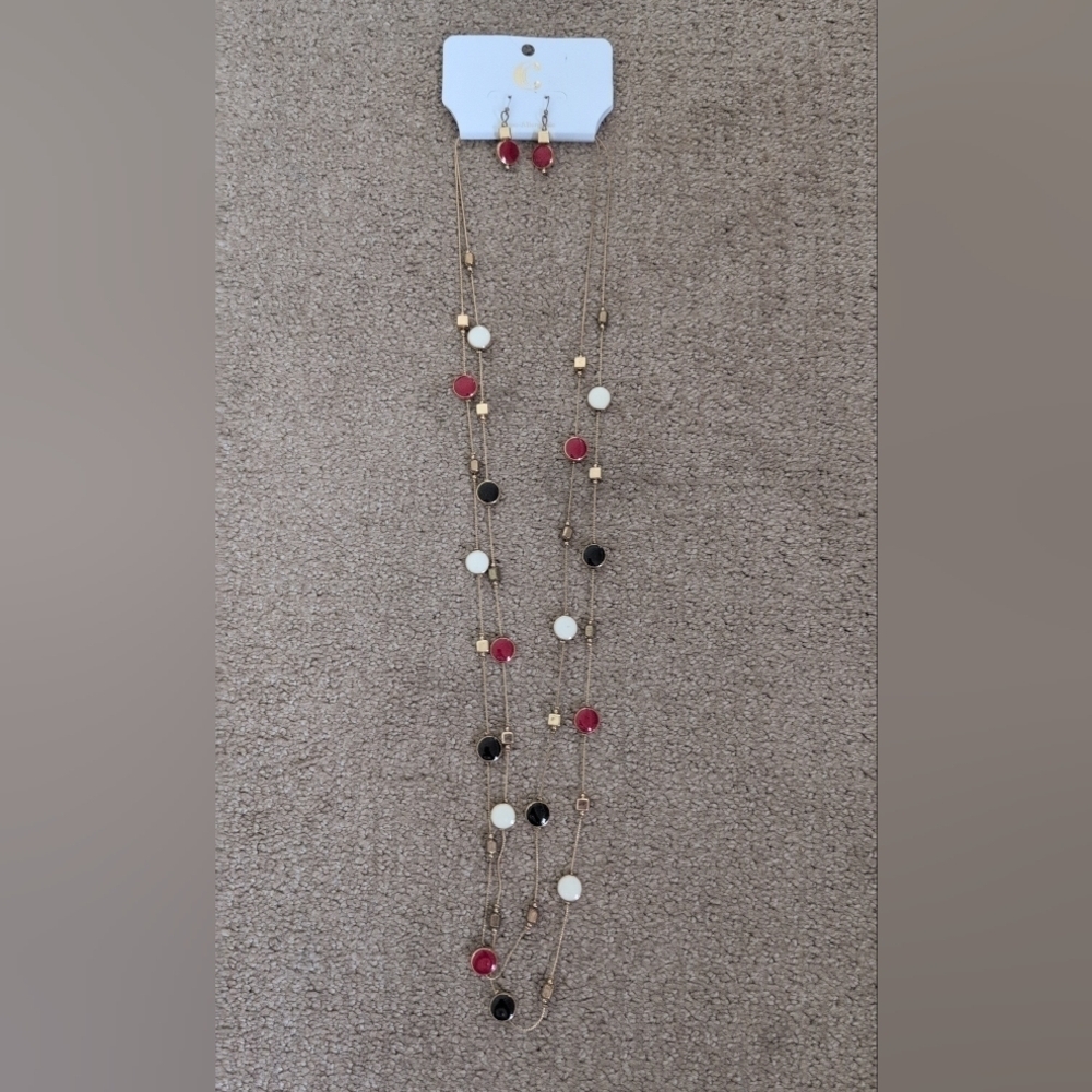 Charming Charlie Red, White, Black Beaded Necklace With Matching Earrings Set